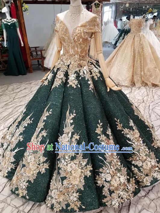 Top Grade Modern Fancywork Court Princess Atrovirens Paillette Full Dress Customize Waltz Dance Costume for Women