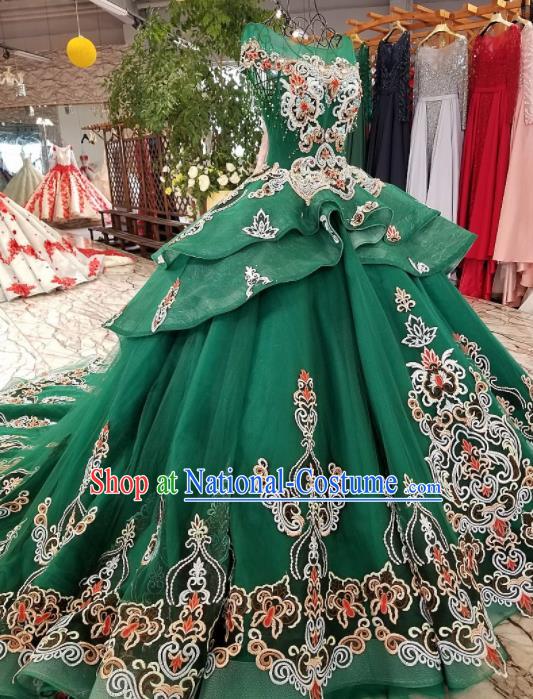 Top Grade Handmade Embroidered Court Green Full Dress Customize Modern Fancywork Waltz Dance Costume for Women