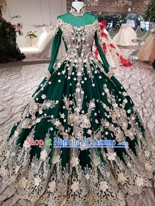 Top Grade Court Handmade Diamante Green Full Dress Customize Modern Fancywork Waltz Dance Costume for Women