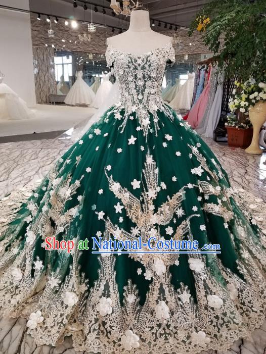 Top Grade Court Handmade Flat Shouders Green Full Dress Customize Modern Fancywork Waltz Dance Costume for Women