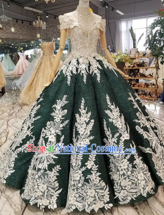 Top Grade Modern Fancywork Court Princess Dark Green Paillette Full Dress Customize Waltz Dance Costume for Women