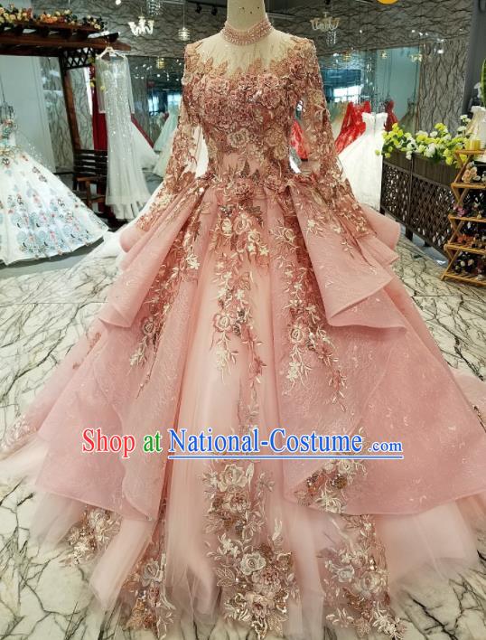 Top Grade Modern Fancywork Court Embroidered Pink Full Dress Customize Princess Waltz Dance Costume for Women