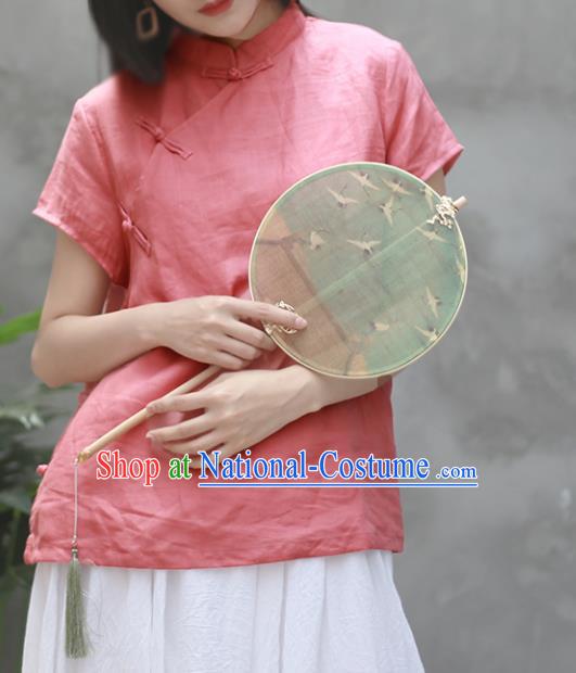 Chinese Traditional National Costume Tang Suit Slant Opening Pink Linen Shirt Upper Outer Garment for Women