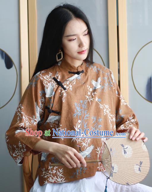 Chinese Traditional National Costume Printing Brown Blouse Tang Suit Upper Outer Garment for Women