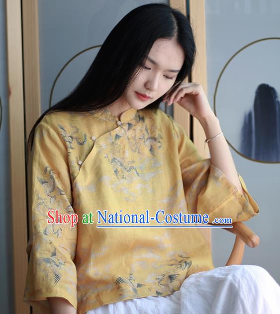 Chinese Traditional National Costume Printing Crane Yellow Blouse Tang Suit Upper Outer Garment for Women