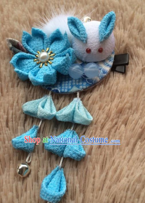 Traditional Japan Blue Sakura Rabbit Tassel Hair Stick Japanese Kimono Hair Accessories for Women