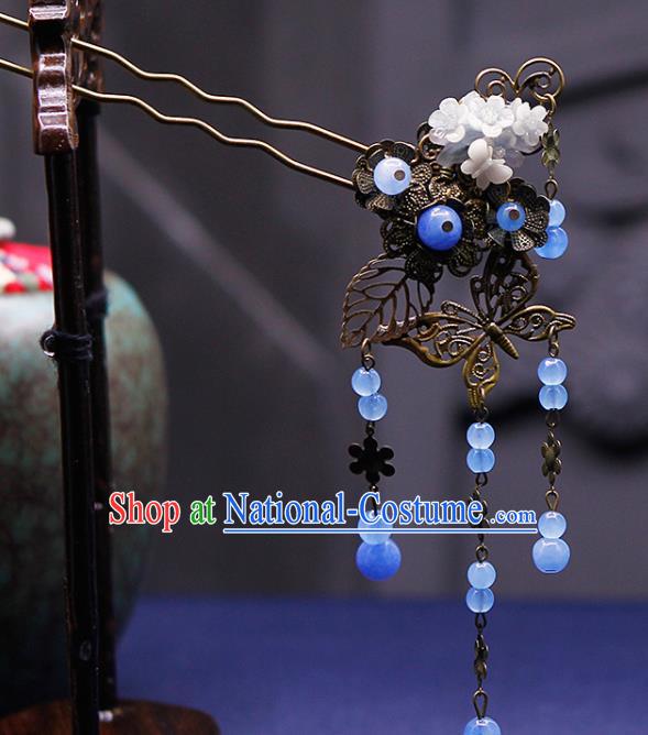 Traditional China Ancient Princess Blue Beads Tassel Hairpins Chinese Hanfu Hair Accessories for Women