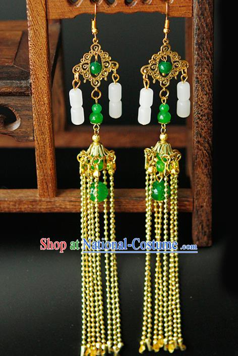 China Ancient Queen Tassel Earrings Chinese Traditional Hanfu Golden Tassel Ear Accessories for Women