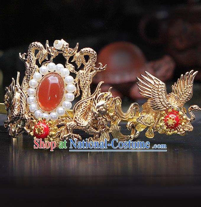 China Ancient Swordsman Red Bead Hairdo Crown Hairpins Chinese Traditional Hanfu Hair Accessories for Men