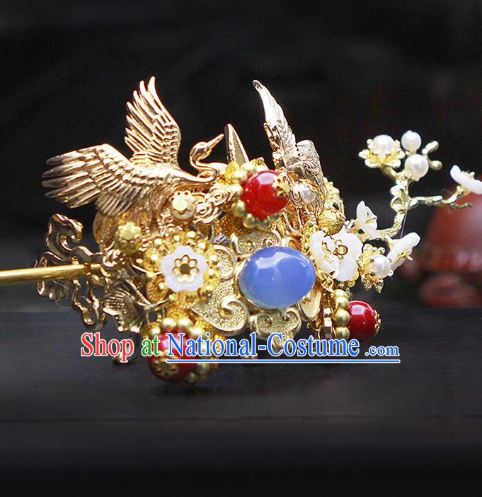 China Ancient Swordsman Blue Bead Cranes Hairdo Crown Hairpins Chinese Traditional Hanfu Hair Accessories for Men