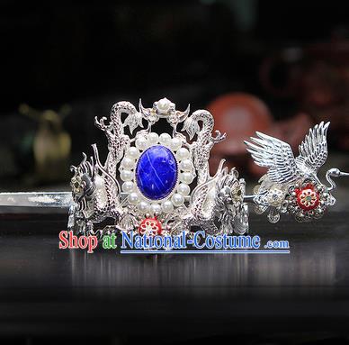 China Ancient Swordsman Argent Cranes Hairdo Crown Hairpins Chinese Traditional Hanfu Hair Accessories for Men