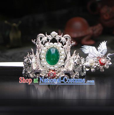 China Ancient Swordsman Argent Cranes Hairdo Crown Green Bead Hairpins Chinese Traditional Hanfu Hair Accessories for Men