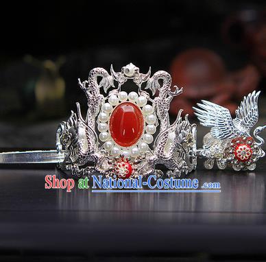 China Ancient Swordsman Argent Cranes Hairdo Crown Red Bead Hairpins Chinese Traditional Hanfu Hair Accessories for Men