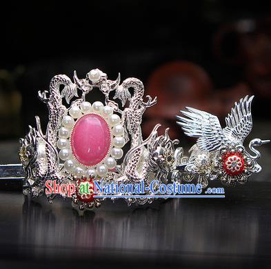 China Ancient Swordsman Argent Cranes Hairdo Crown Pink Bead Hairpins Chinese Traditional Hanfu Hair Accessories for Men