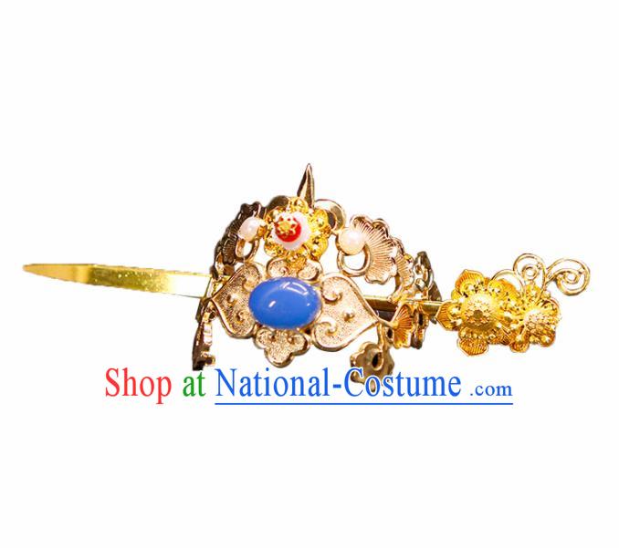 China Ancient Swordsman Blue Stone Hairdo Crown Hairpins Chinese Traditional Hanfu Hair Accessories for Men