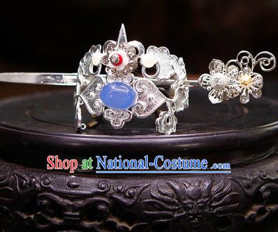 China Ancient Swordsman Blue Stone Argent Hairdo Crown Hairpins Chinese Traditional Hanfu Hair Accessories for Men