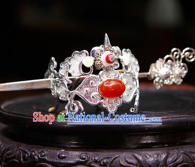 China Ancient Swordsman Red Stone Argent Hairdo Crown Hairpins Chinese Traditional Hanfu Hair Accessories for Men