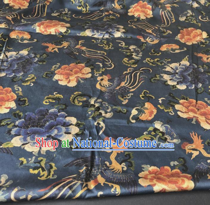 Asian Chinese Traditional Embroidered Peony Pattern Design Navy Brocade Fabric Silk Fabric Chinese Fabric Asian Material