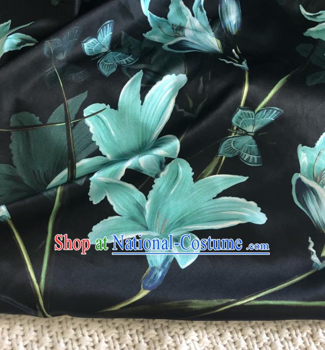 Asian Chinese Traditional Lily Flowers Pattern Design Black Brocade Fabric Silk Fabric Chinese Fabric Asian Material