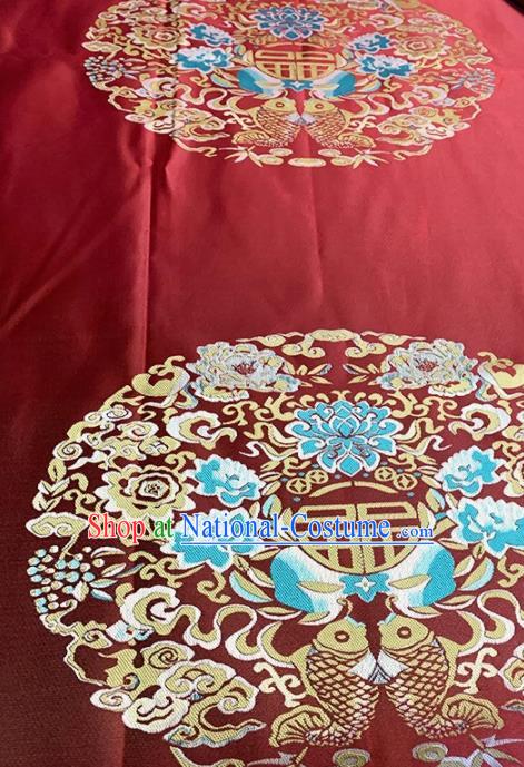 Asian Chinese Traditional Double Fishes Lotus Pattern Design Red Brocade Fabric Silk Fabric Chinese Fabric Asian Material