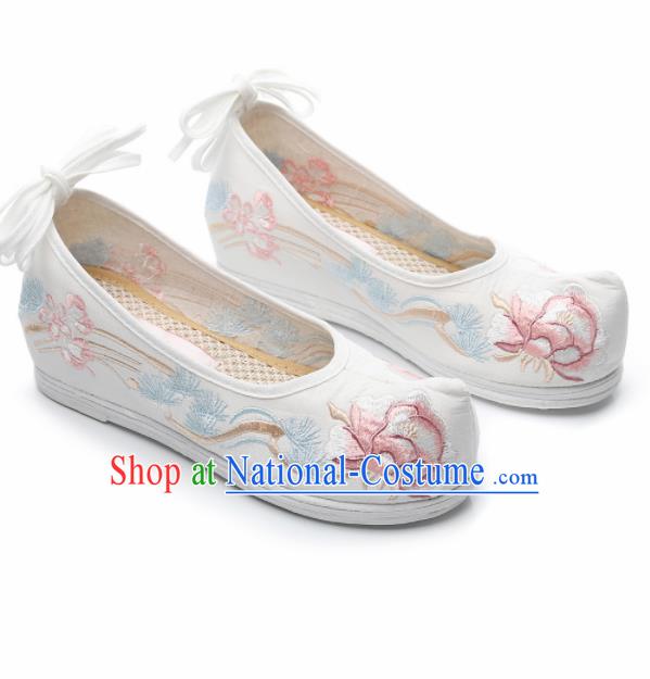 Chinese Traditional Hanfu Shoes Ancient Princess Embroidered Peony White Shoes National Cloth Shoes for Women