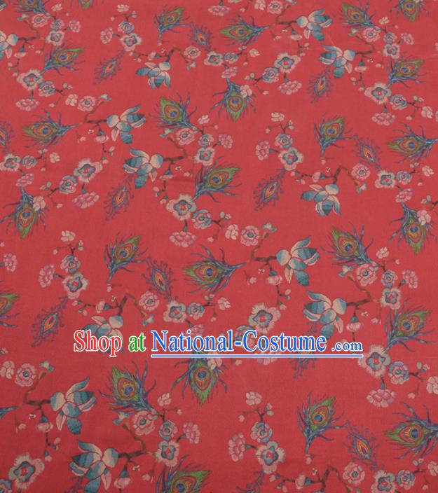 Chinese Traditional Phoenix Feather Pattern Design Red Satin Watered Gauze Brocade Fabric Asian Silk Fabric Material