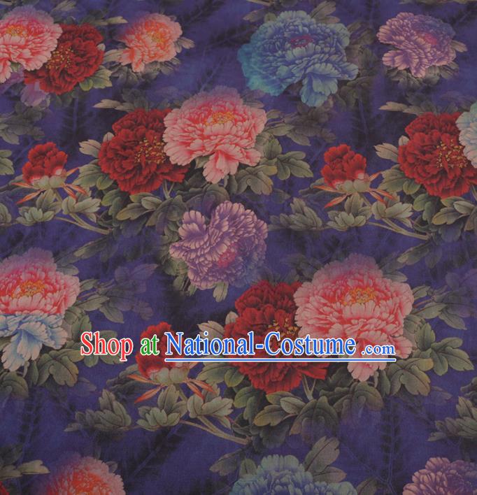 Chinese Traditional Peony Pattern Design Blue Satin Watered Gauze Brocade Fabric Asian Silk Fabric Material