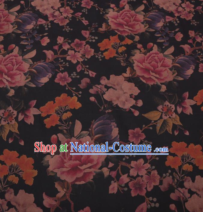 Chinese Traditional Peony Pattern Design Black Satin Watered Gauze Brocade Fabric Asian Silk Fabric Material