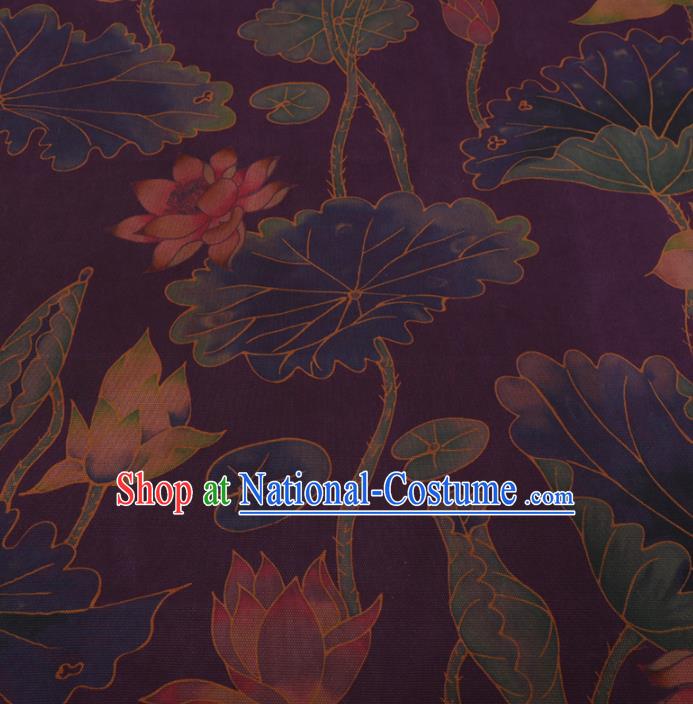 Chinese Traditional Lotus Pattern Design Purple Satin Watered Gauze Brocade Fabric Asian Silk Fabric Material