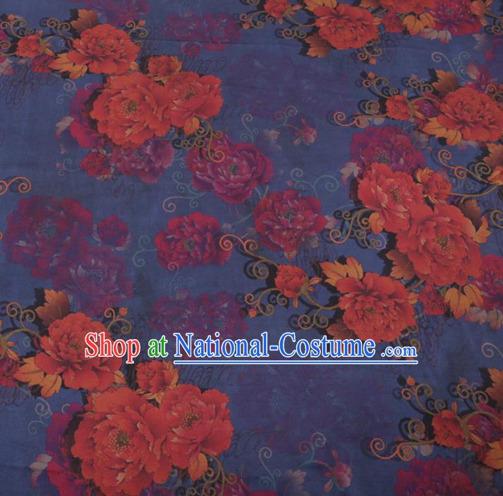 Chinese Traditional Peony Flowers Pattern Design Blue Satin Watered Gauze Brocade Fabric Asian Silk Fabric Material