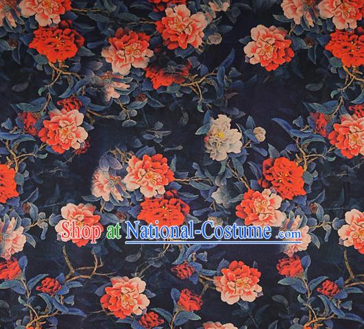 Chinese Traditional Peony Pattern Design Navy Satin Watered Gauze Brocade Fabric Asian Silk Fabric Material