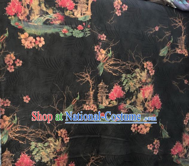 Chinese Traditional Peach Blossom Pattern Design Black Satin Watered Gauze Brocade Fabric Asian Silk Fabric Material