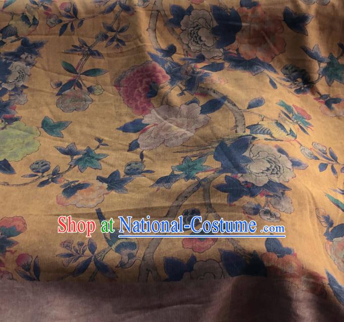 Chinese Traditional Peony Pattern Design Yellow Satin Watered Gauze Brocade Fabric Asian Silk Fabric Material