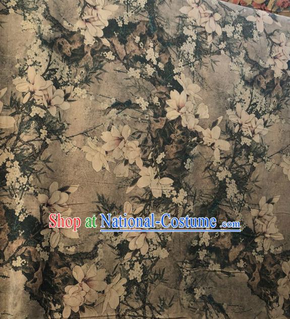 Chinese Traditional Magnolia Pattern Design Grey Satin Watered Gauze Brocade Fabric Asian Silk Fabric Material