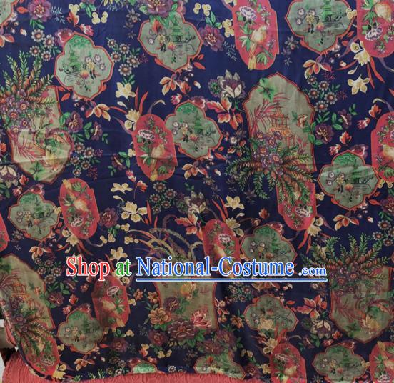 Chinese Traditional Orchid Pattern Design Blue Satin Watered Gauze Brocade Fabric Asian Silk Fabric Material