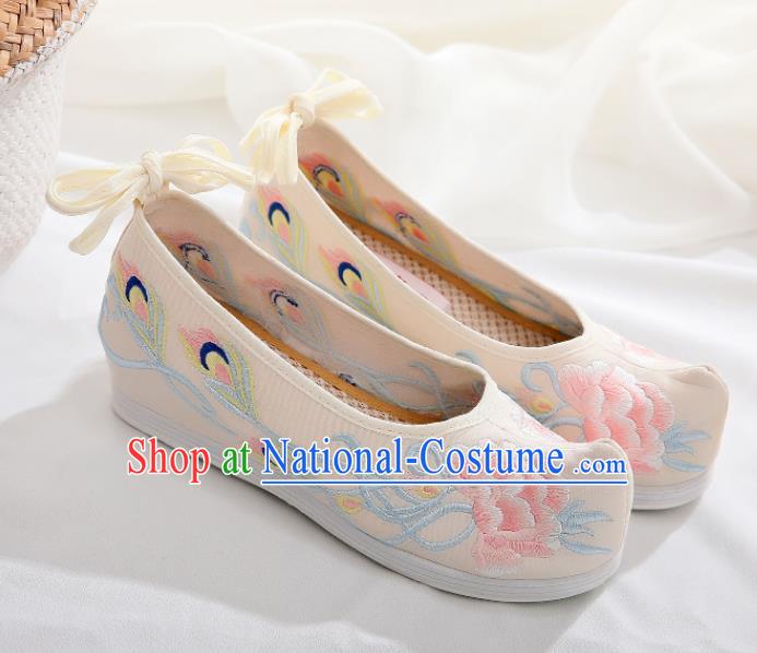 Chinese Traditional Hanfu Shoes Ancient Princess Embroidered Peony Beige Shoes National Cloth Shoes for Women