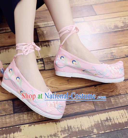 Chinese Traditional Hanfu Shoes Ancient Princess Embroidered Peony Pink Shoes National Cloth Shoes for Women