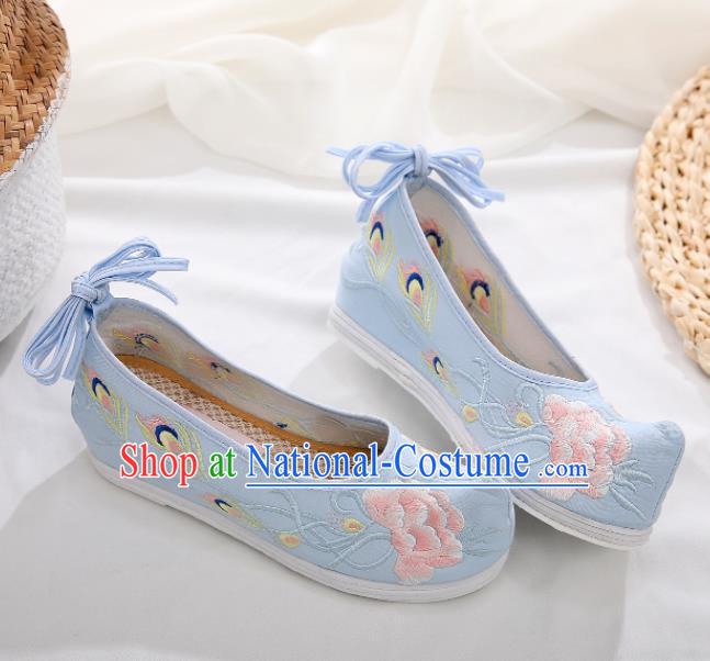 Chinese Traditional Hanfu Shoes Ancient Princess Embroidered Peony Blue Shoes National Cloth Shoes for Women