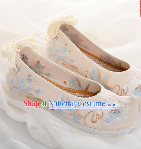 Chinese Traditional Hanfu Shoes Ancient Princess Embroidered Peach Blossom Beige Shoes National Cloth Shoes for Women