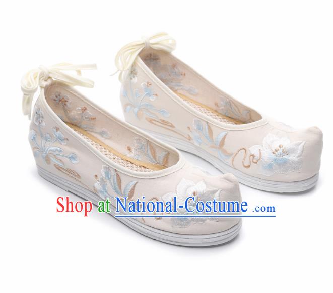 Chinese Traditional Hanfu Shoes Ancient Princess Embroidered Peach Blossom White Shoes National Cloth Shoes for Women