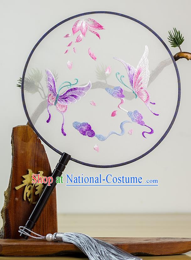 Chinese Traditional Hanfu Embroidered Butterfly Palace Fans Ancient Princess Dance Silk Round Fan for Women