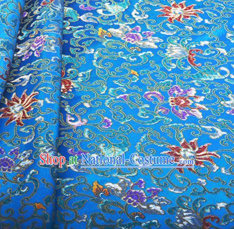 Chinese Traditional Hanfu Silk Fabric Classical Lotus Pattern Design Blue Brocade Tang Suit Fabric Material