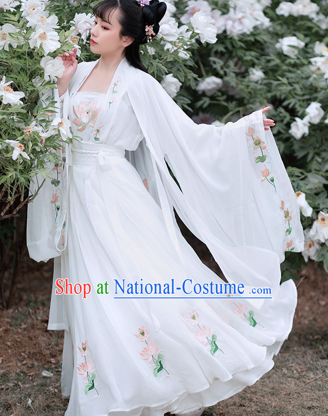 Traditional Chinese Tang Dynasty Court White Hanfu Dress Ancient Peri Princess Embroidered Historical Costume for Women