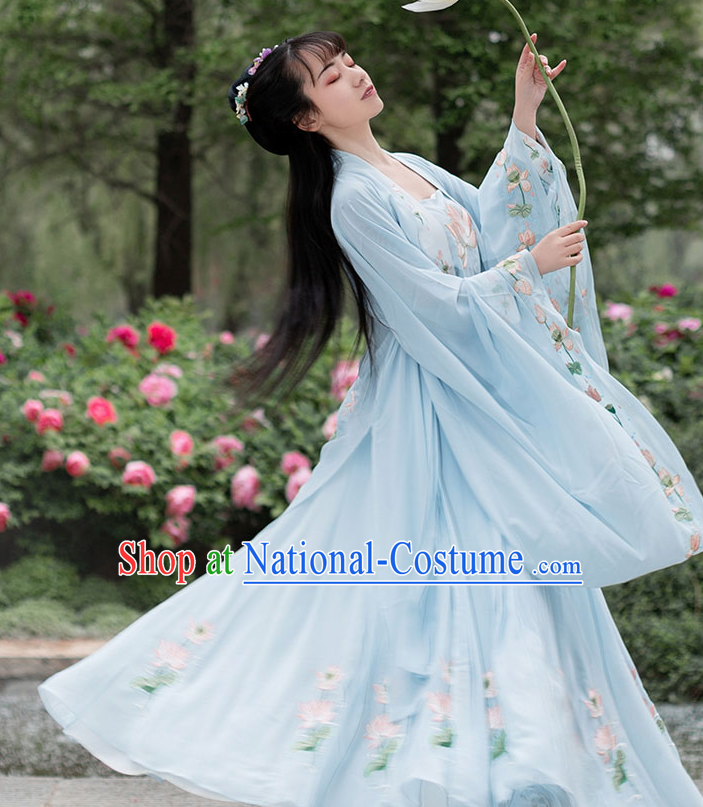 Traditional Chinese Tang Dynasty Blue Hanfu Dress Ancient Court Princess Embroidered Historical Costume for Women