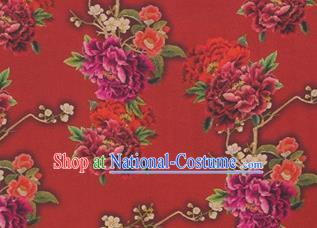 Chinese Traditional Peony Flowers Pattern Design Red Satin Watered Gauze Brocade Fabric Asian Silk Fabric Material