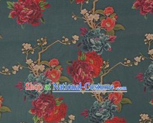 Chinese Traditional Peony Flowers Pattern Design Dark Green Satin Watered Gauze Brocade Fabric Asian Silk Fabric Material