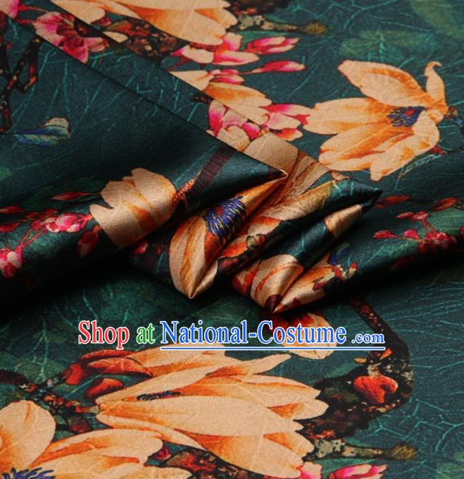 Chinese Traditional Magnolia Pattern Design Dark Green Satin Watered Gauze Brocade Fabric Asian Silk Fabric Material