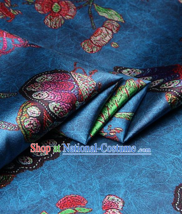 Chinese Traditional Butterfly Pattern Design Blue Satin Watered Gauze Brocade Fabric Asian Silk Fabric Material