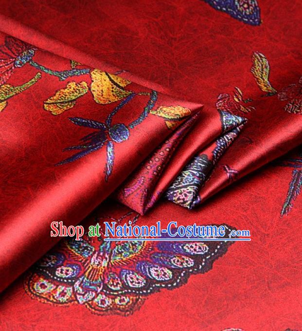 Chinese Traditional Butterfly Pattern Design Red Satin Watered Gauze Brocade Fabric Asian Silk Fabric Material