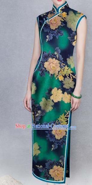 Chinese Traditional Peony Pattern Design Green Satin Watered Gauze Brocade Fabric Asian Silk Fabric Material